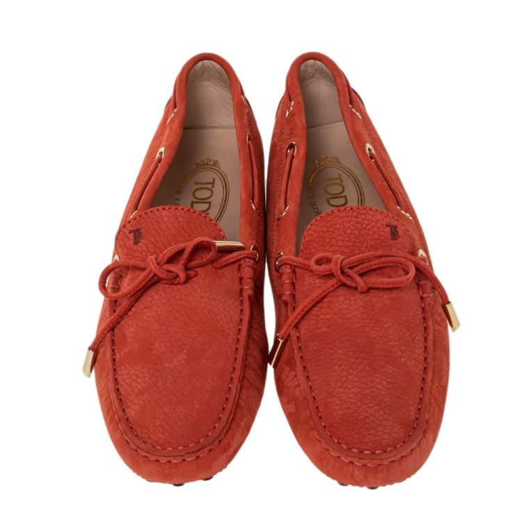 Pre Owned Tod's Orange Nubuck Leather Bow Slip On Loafers Size 40