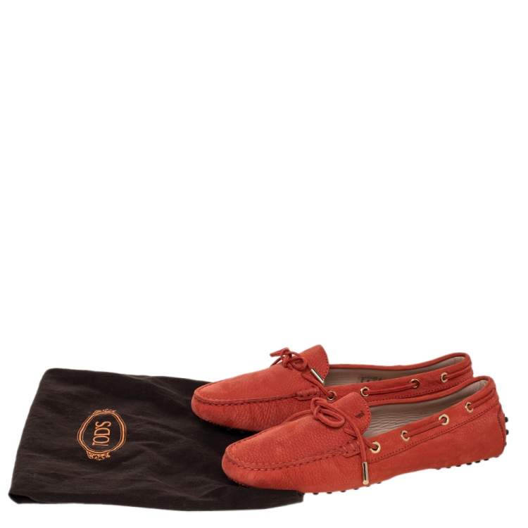 Pre Owned Tod's Orange Nubuck Leather Bow Slip On Loafers Size 40