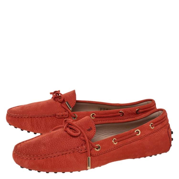 Pre Owned Tod's Orange Nubuck Leather Bow Slip On Loafers Size 40