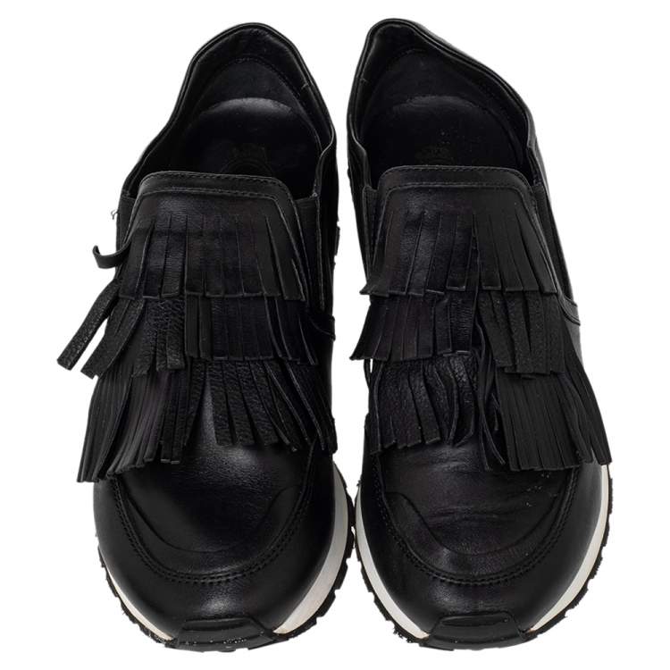 Pre Owned Tod's Black Leather Fringed Slip On Sneakers Size 37