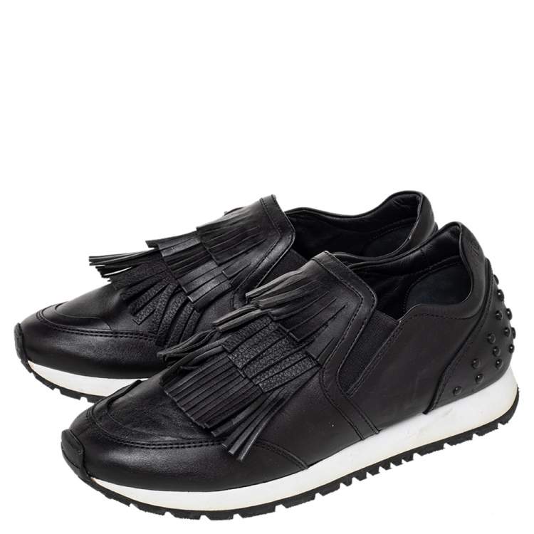 Pre Owned Tod's Black Leather Fringed Slip On Sneakers Size 37