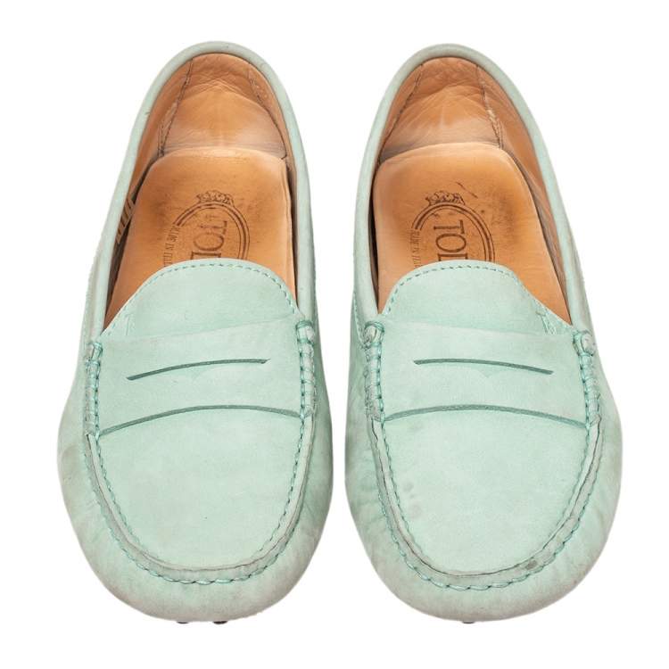 Pre Owned Tod's Mint Green Nubuck Leather Penny Slip On Loafers Size 38
