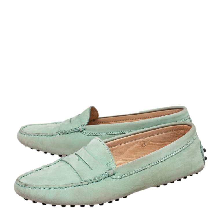 Pre Owned Tod's Mint Green Nubuck Leather Penny Slip On Loafers Size 38