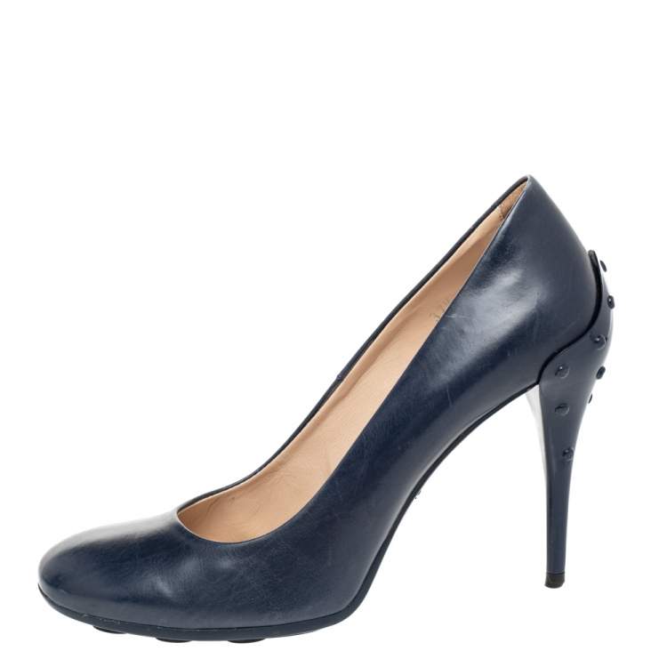 Pre Owned Tod's Blue Leather Round Toe Pumps Size 37.5