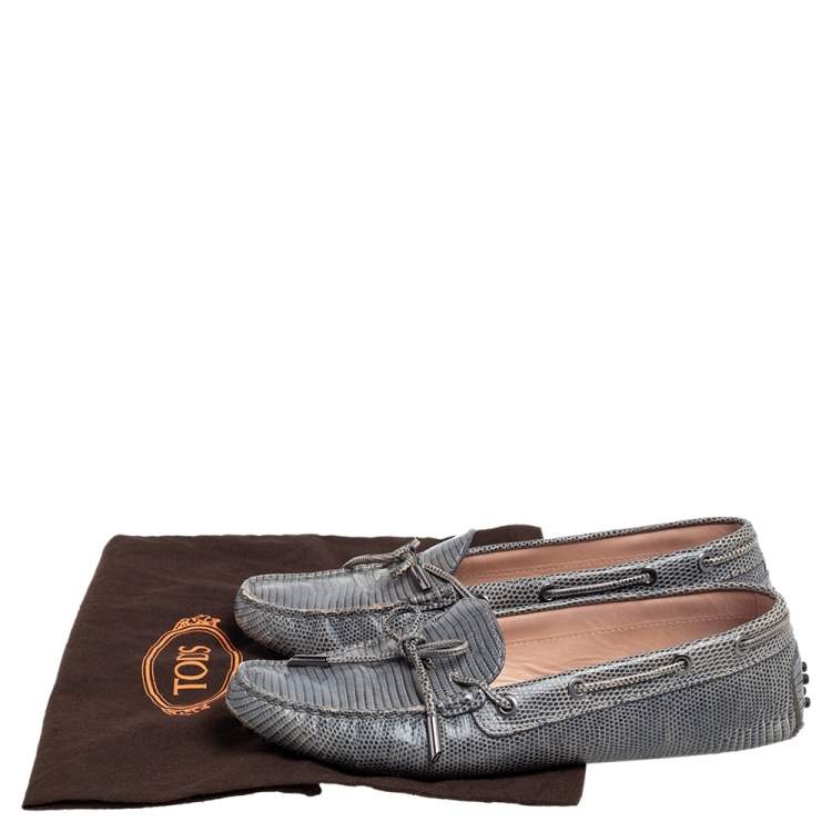 Pre Owned Tod's Blue Lizard Embossed Leather Bow Loafers Size 39.5
