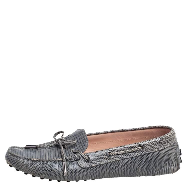 Pre Owned Tod's Blue Lizard Embossed Leather Bow Loafers Size 39.5