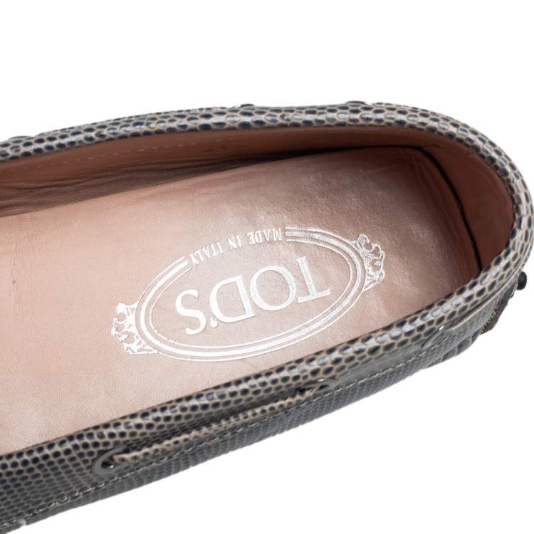 Pre Owned Tod's Blue Lizard Embossed Leather Bow Loafers Size 39.5