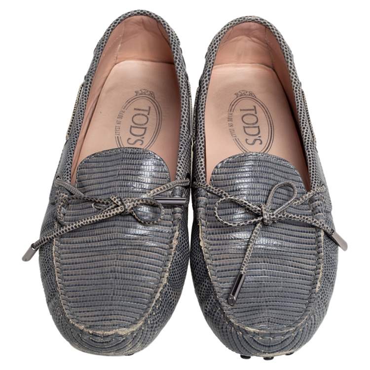 Pre Owned Tod's Blue Lizard Embossed Leather Bow Loafers Size 39.5