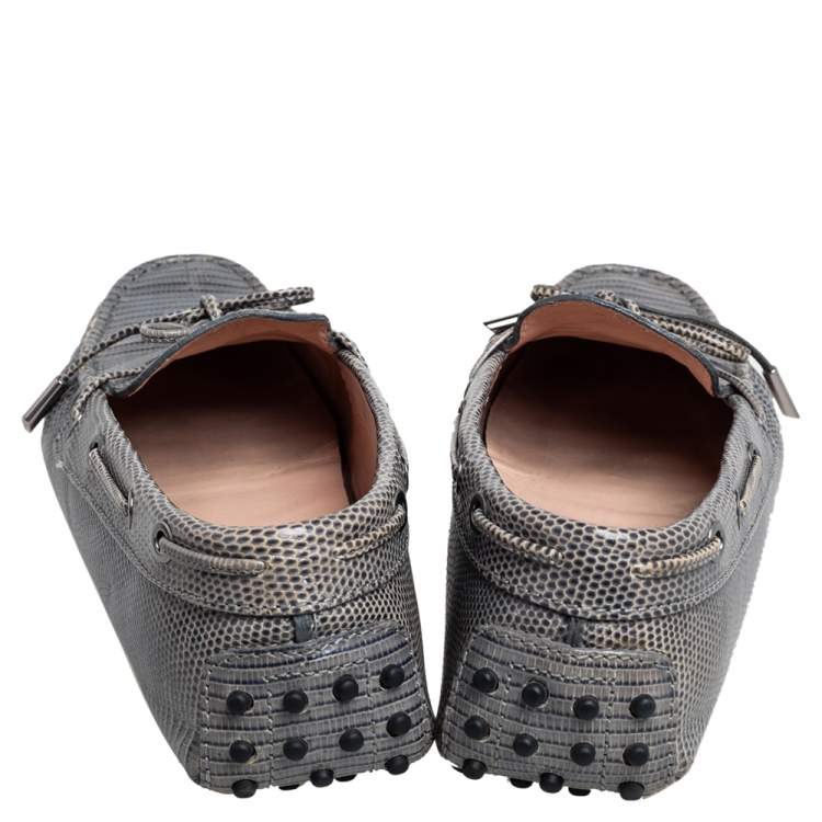 Pre Owned Tod's Blue Lizard Embossed Leather Bow Loafers Size 39.5