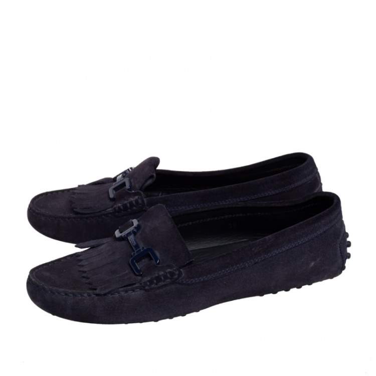 Pre Owned Tod's Navy Blue Suede Bit Fringe Loafers Size 39