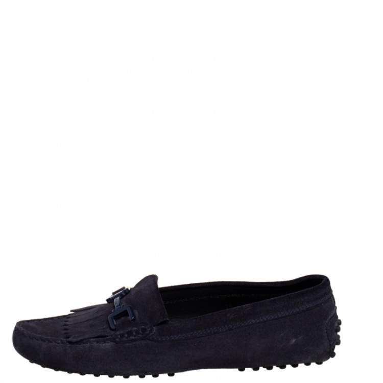 Pre Owned Tod's Navy Blue Suede Bit Fringe Loafers Size 39