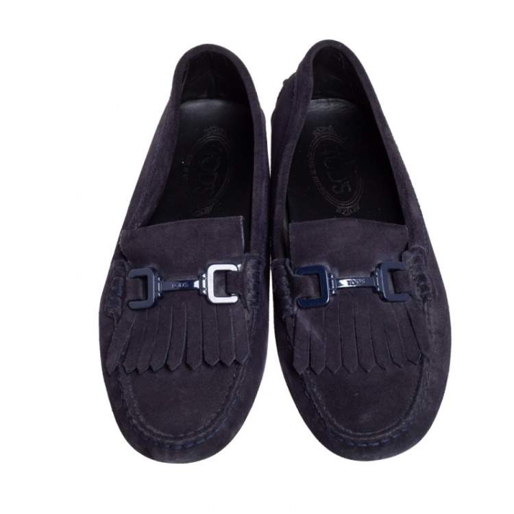Pre Owned Tod's Navy Blue Suede Bit Fringe Loafers Size 39
