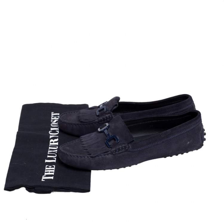 Pre Owned Tod's Navy Blue Suede Bit Fringe Loafers Size 39