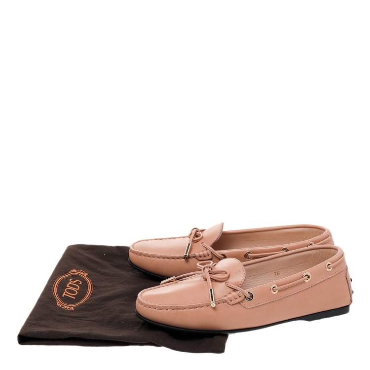 Pre Owned Tod's Beige Leather Bow Slip On Loafers Size 36