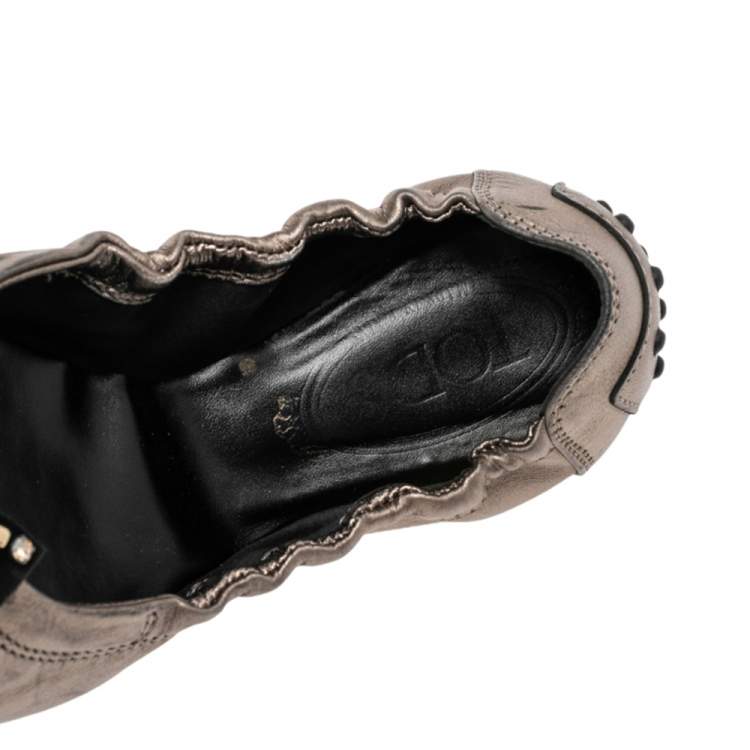 Pre Owned Tod's Grey Leather Crystal Embellished Bow Ballet Flats Size 37.5