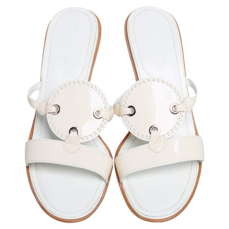 Pre Owned Tod's Cream Patent Leather Open  Toe Slide Sandals Size 36.5