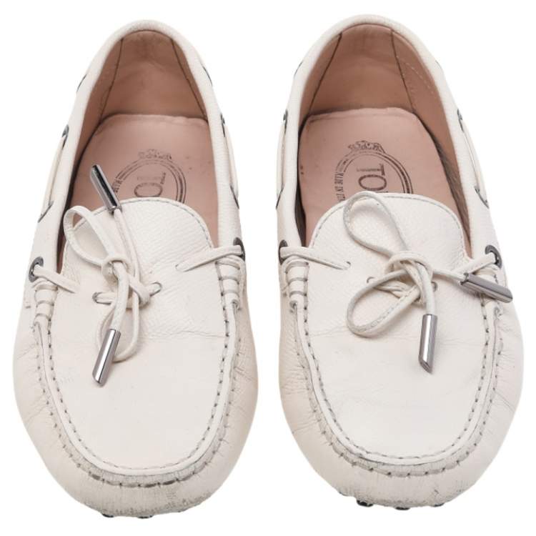 Pre Owned Tod's White Leather Gommino Driving Slip On Loafers Size 37