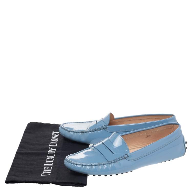 Pre Owned Tod's Light Blue Patent Leather Gommino Slip On Loafers Size 40.5