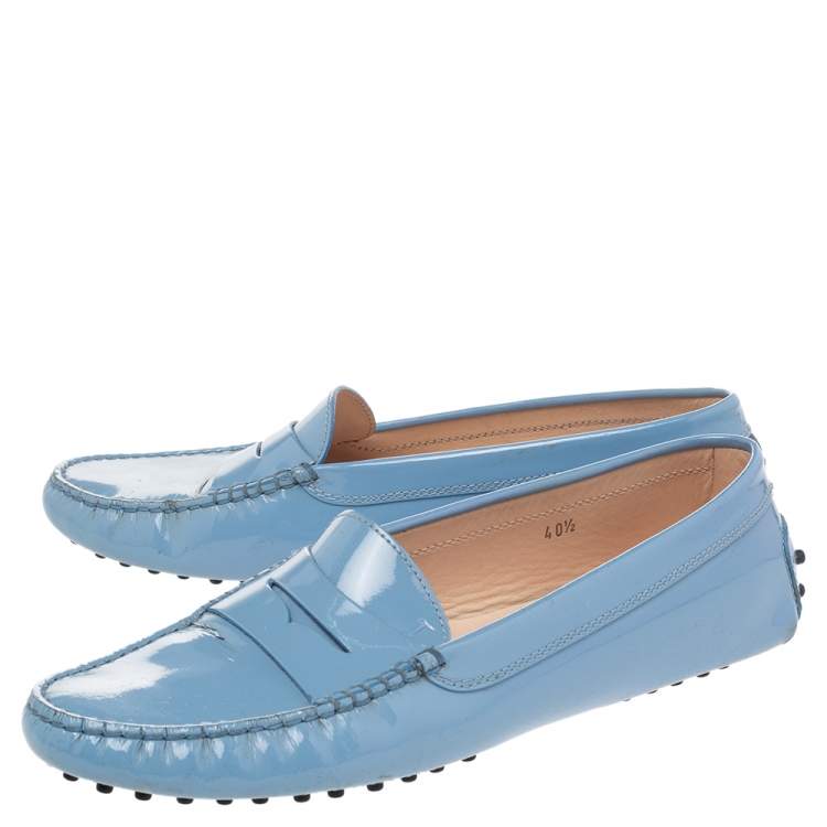 Pre Owned Tod's Light Blue Patent Leather Gommino Slip On Loafers Size 40.5