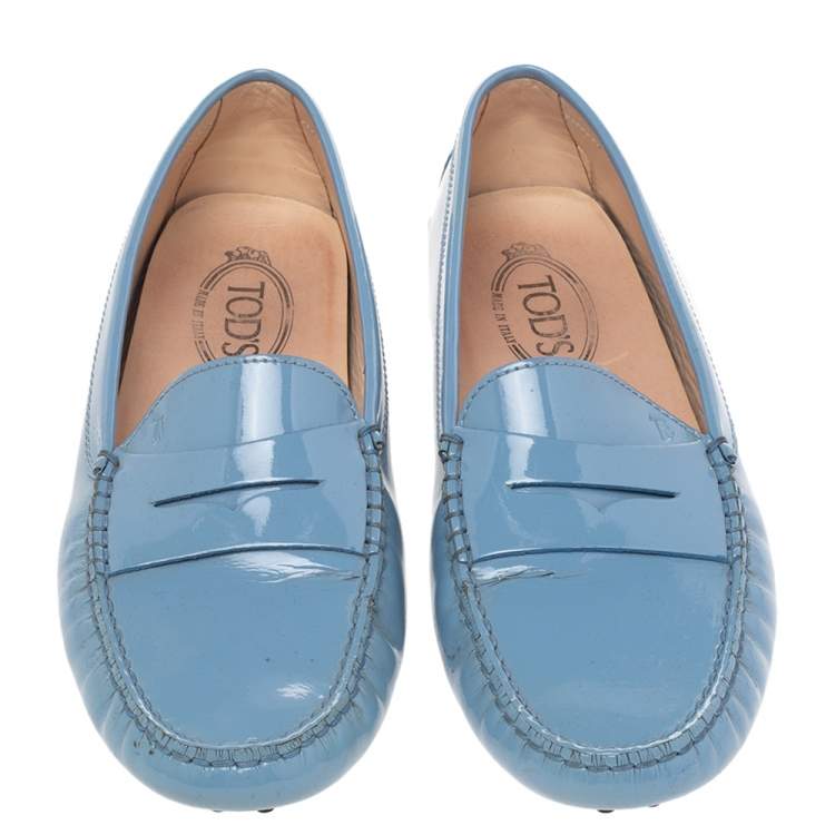 Pre Owned Tod's Light Blue Patent Leather Gommino Slip On Loafers Size 40.5