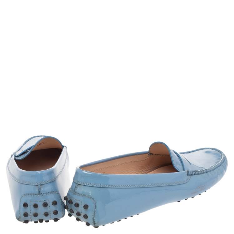 Pre Owned Tod's Light Blue Patent Leather Gommino Slip On Loafers Size 40.5