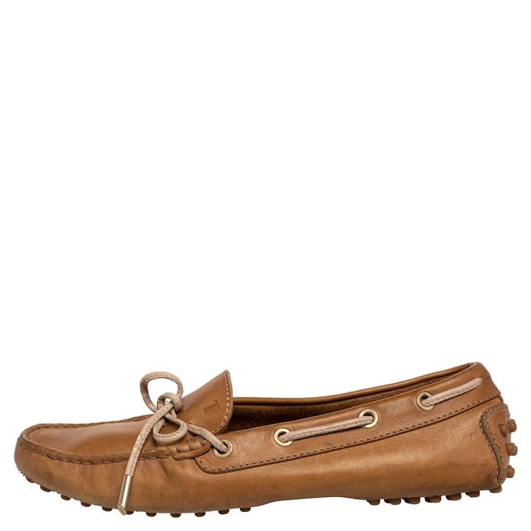 Pre Owned Tod's Brown Leather Bow Slip On Loafers Size 36.5