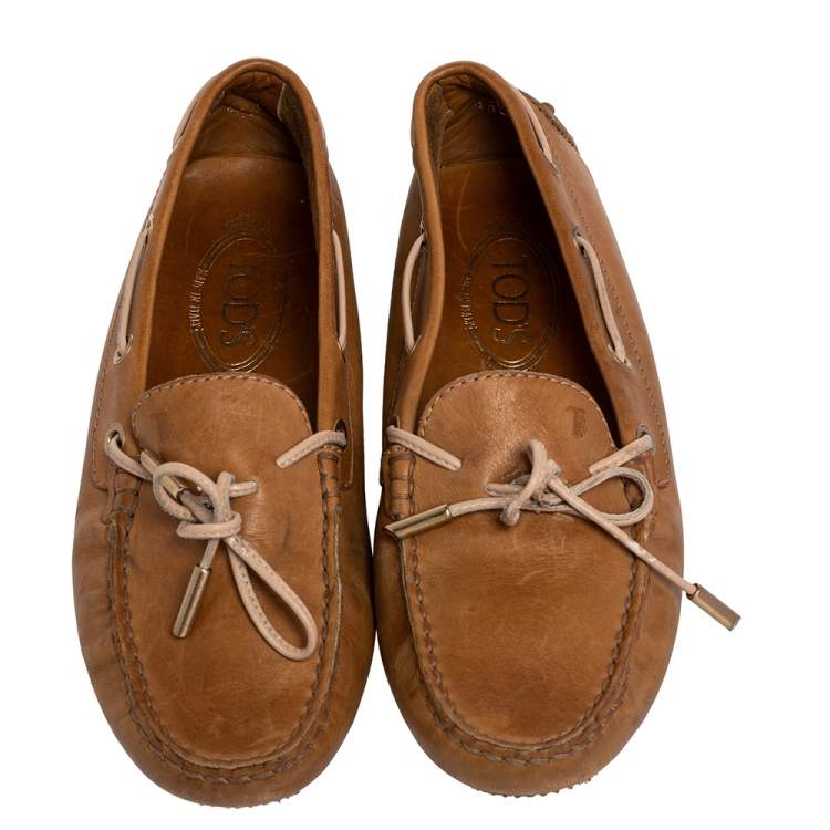 Pre Owned Tod's Brown Leather Bow Slip On Loafers Size 36.5