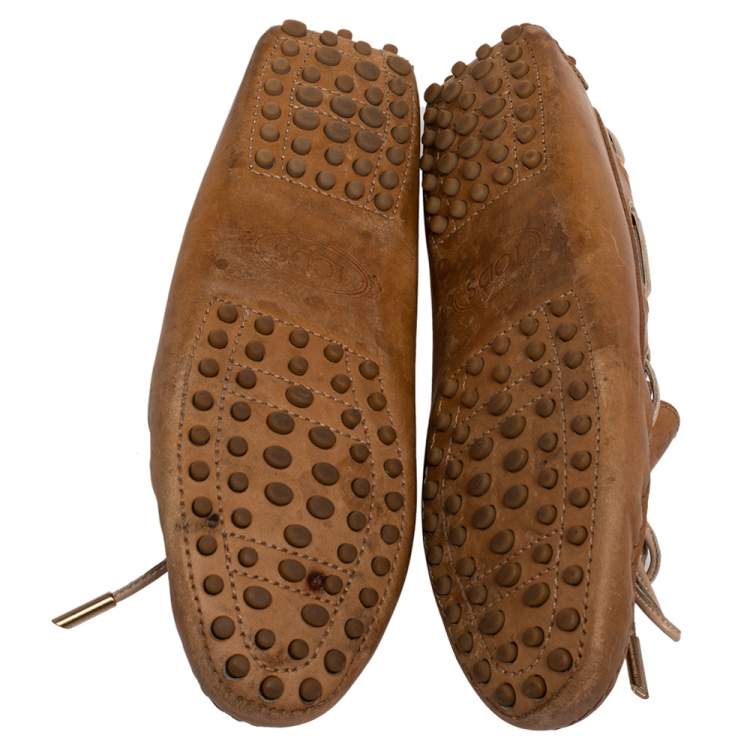 Pre Owned Tod's Brown Leather Bow Slip On Loafers Size 36.5