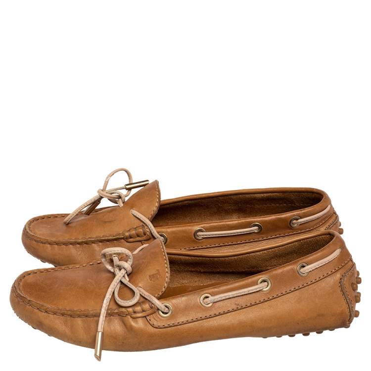 Pre Owned Tod's Brown Leather Bow Slip On Loafers Size 36.5