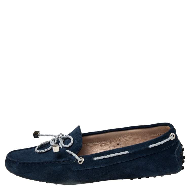 Pre Owned Tod's Navy Blue Suede Bow Slip On Loafers Size 38