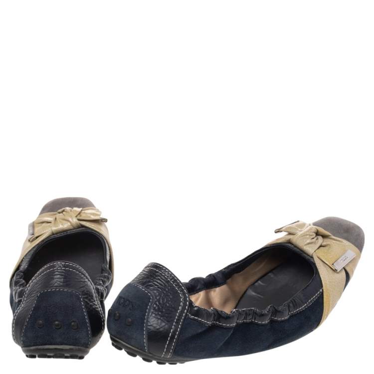 Pre Owned Tod's Multicolor Leather And Suede Bow Scrunch Ballet Flats Size 37