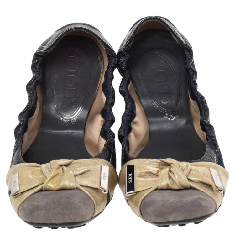 Pre Owned Tod's Multicolor Leather And Suede Bow Scrunch Ballet Flats Size 37