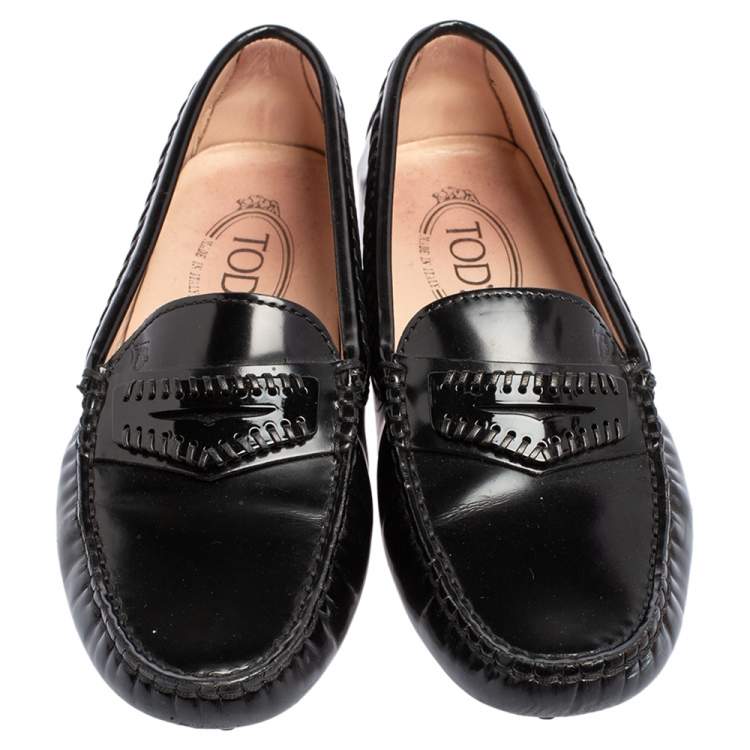 Pre Owned Tod's Black Glossy Leather Whip Stitch Detail Penny Slip On Loafers Size 36