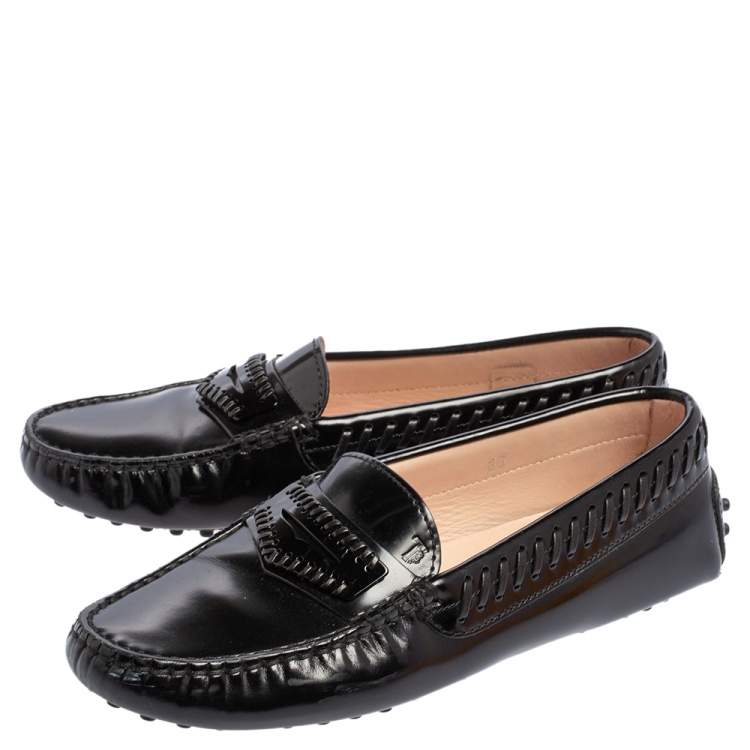 Pre Owned Tod's Black Glossy Leather Whip Stitch Detail Penny Slip On Loafers Size 36