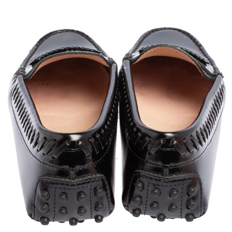 Pre Owned Tod's Black Glossy Leather Whip Stitch Detail Penny Slip On Loafers Size 36