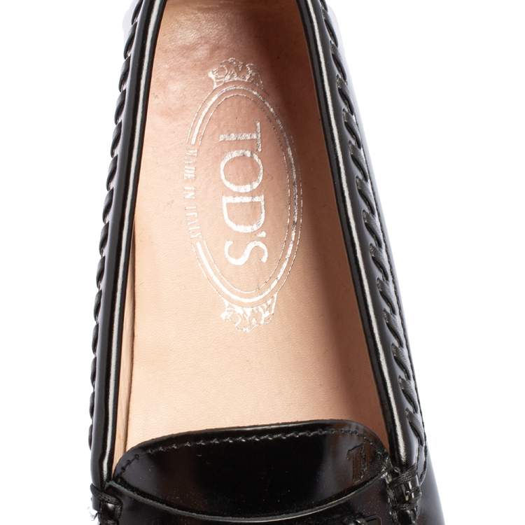 Pre Owned Tod's Black Glossy Leather Whip Stitch Detail Penny Slip On Loafers Size 36