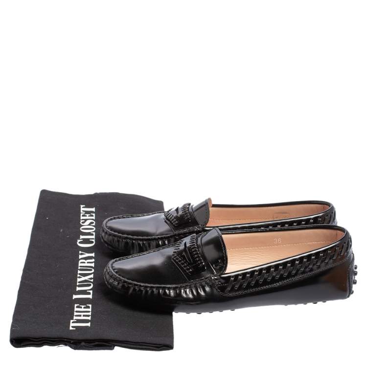 Pre Owned Tod's Black Glossy Leather Whip Stitch Detail Penny Slip On Loafers Size 36