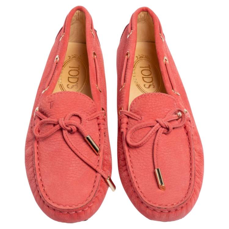 Pre Owned Tod's Pink Suede Bow Slip On Loafers Size 36.5