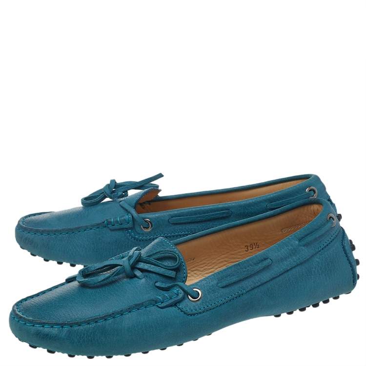Pre Owned Tod's Blue Leather Bow Detail Slip On Loafers Size 39.5