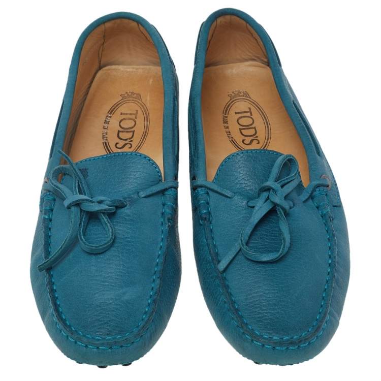 Pre Owned Tod's Blue Leather Bow Detail Slip On Loafers Size 39.5
