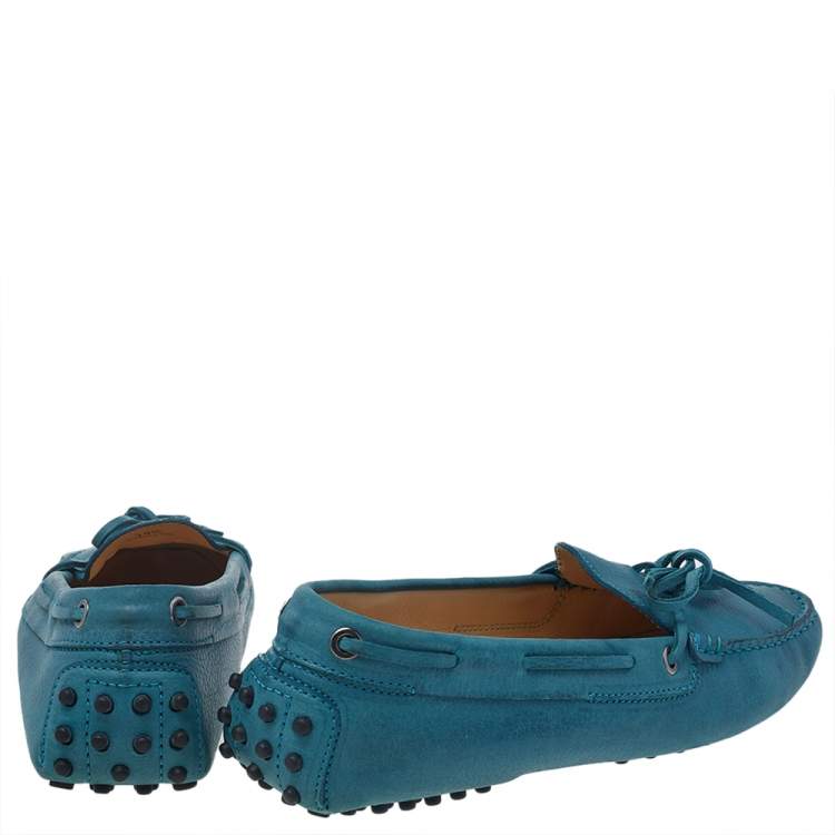 Pre Owned Tod's Blue Leather Bow Detail Slip On Loafers Size 39.5