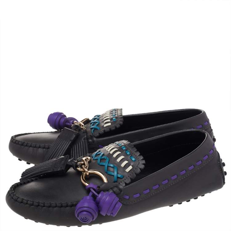 Pre Owned Tod's Grey Leather Tassel Charm Cross Stitch Detail Loafers Size 38.5