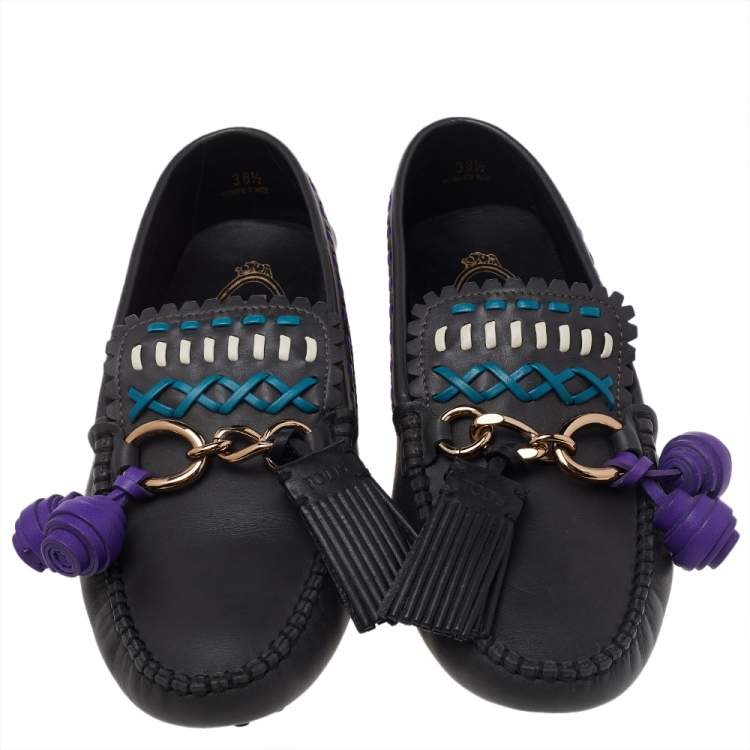 Pre Owned Tod's Grey Leather Tassel Charm Cross Stitch Detail Loafers Size 38.5