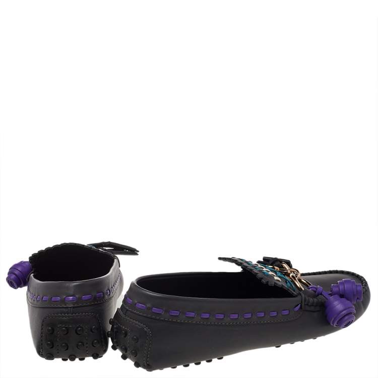 Pre Owned Tod's Grey Leather Tassel Charm Cross Stitch Detail Loafers Size 38.5