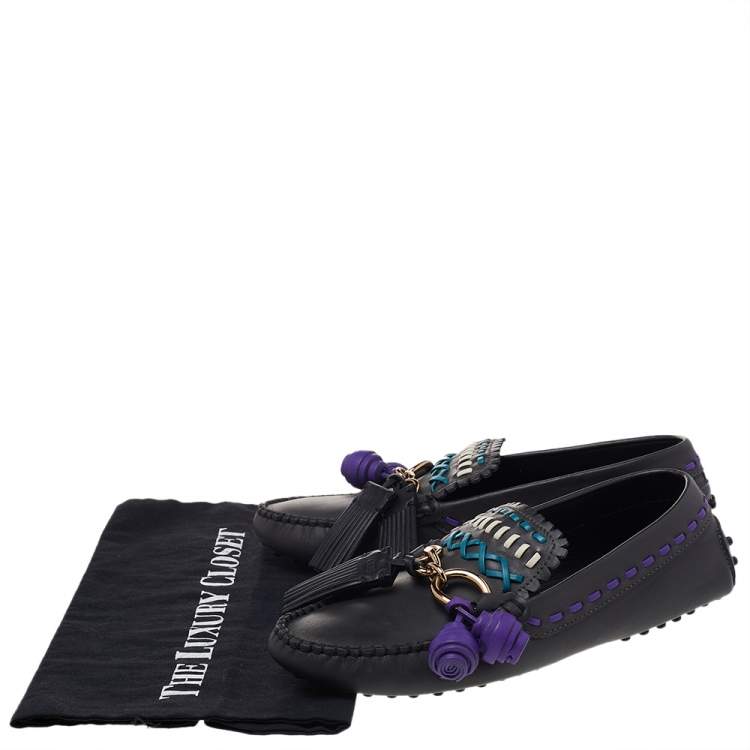 Pre Owned Tod's Grey Leather Tassel Charm Cross Stitch Detail Loafers Size 38.5