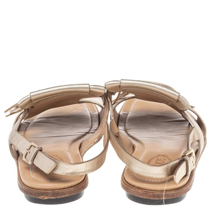 Pre Owned Tod's Metallic Gold Leather Fringe Slingback Flat Sandals Size 37