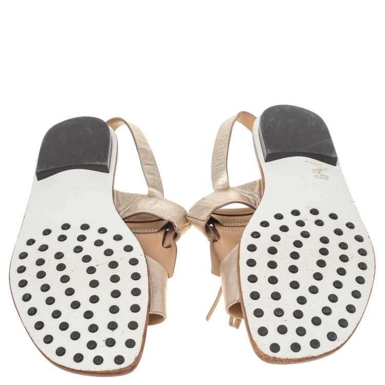 Pre Owned Tod's Metallic Gold Leather Fringe Slingback Flat Sandals Size 37