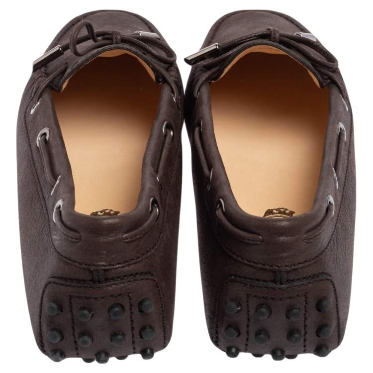 مملوكة مسبقًا Tod's Dark Brown Shimmer Leather Heaven Bow Loafers Size 39