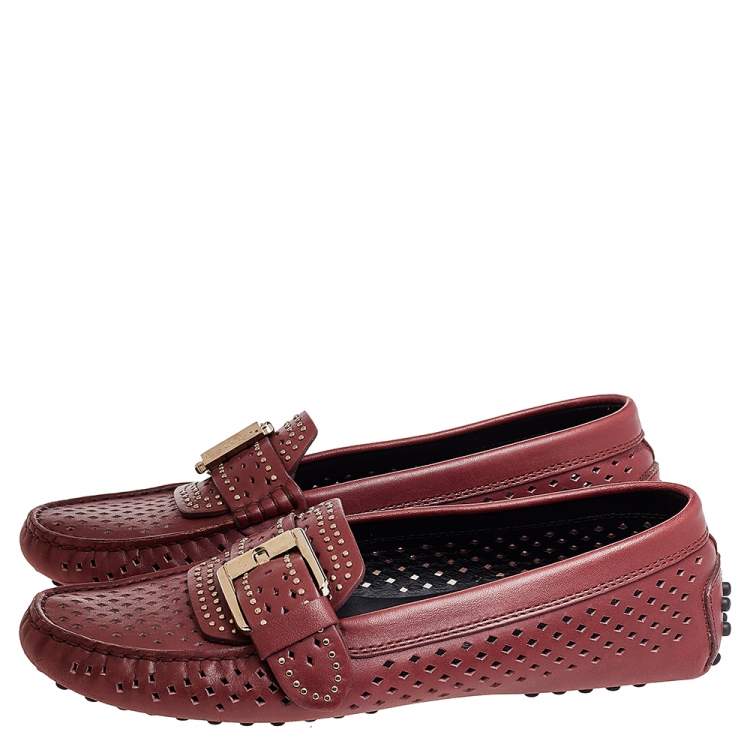 Pre Owned Tod's Burgundy Leather Studded Cut Out Buckle Detail Loafers Size 36.5