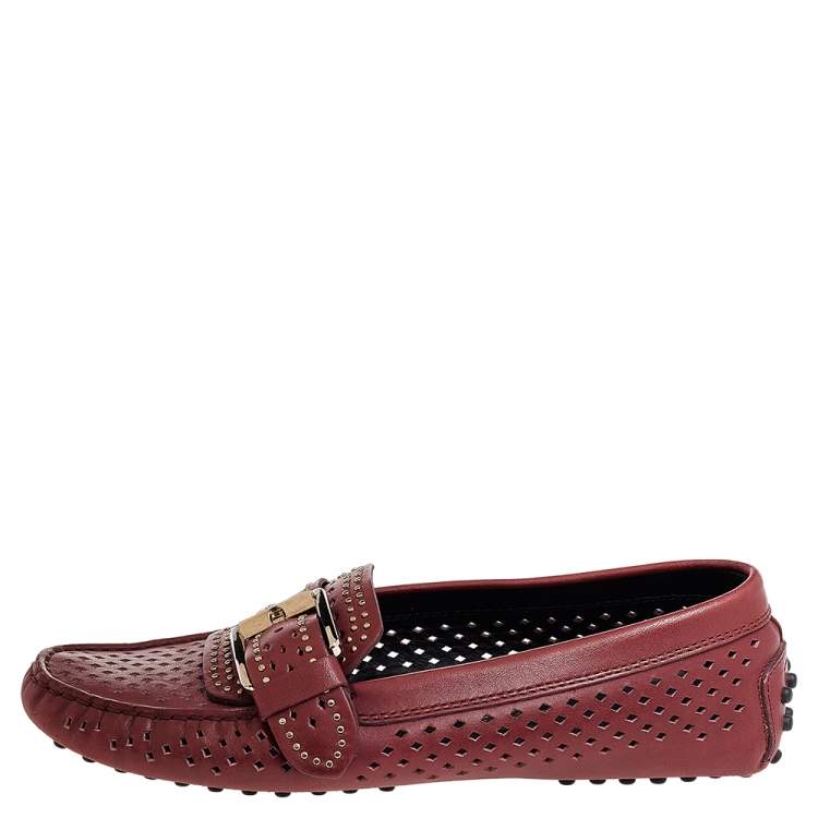 Pre Owned Tod's Burgundy Leather Studded Cut Out Buckle Detail Loafers Size 36.5